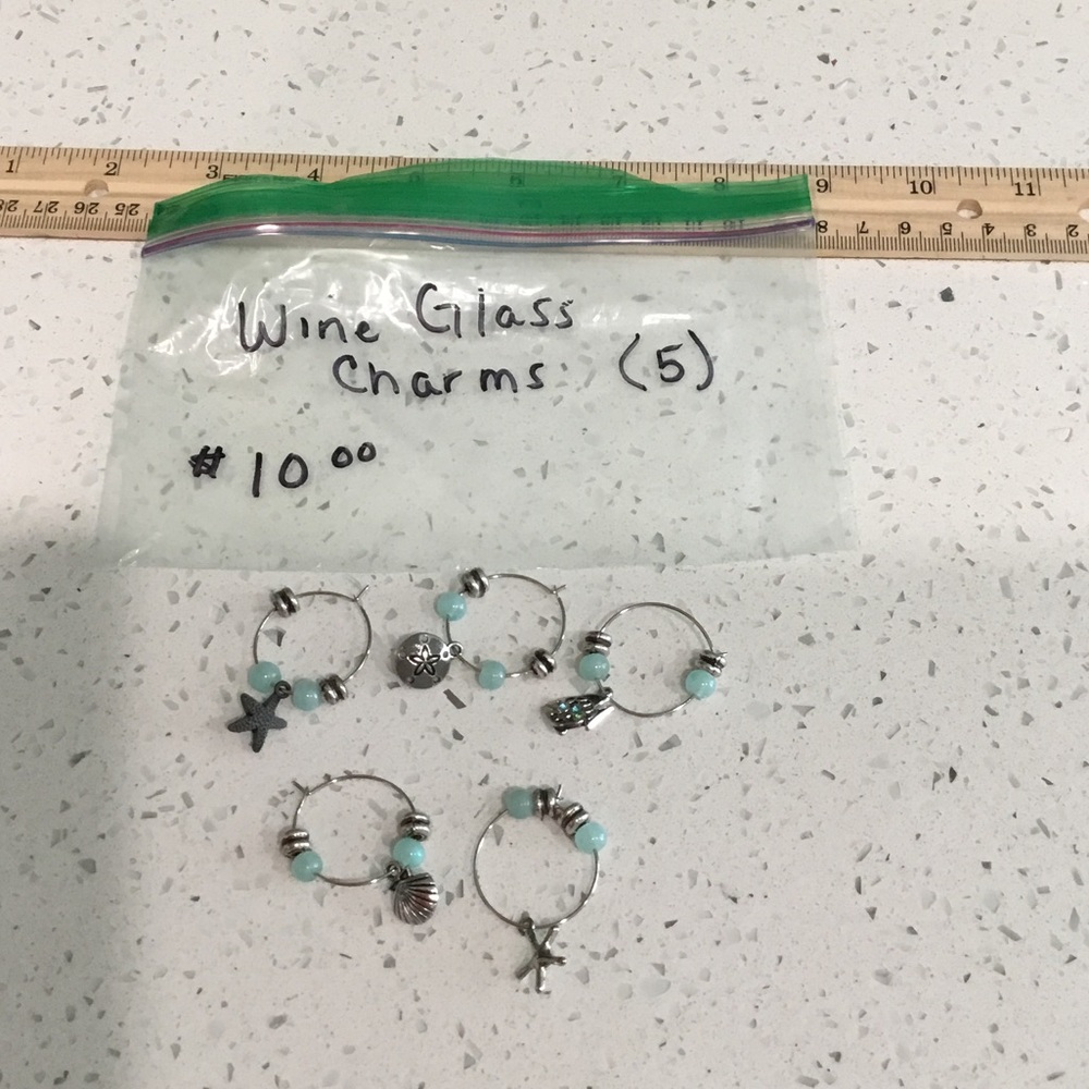 Wine Glass Charms Set with Aqua Beads and Silver Beach Charms